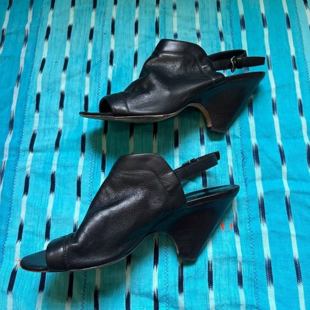 JFK Italy Black Leather Open Toe Slingback Wedge Sandals Vero Cuoio EU 41